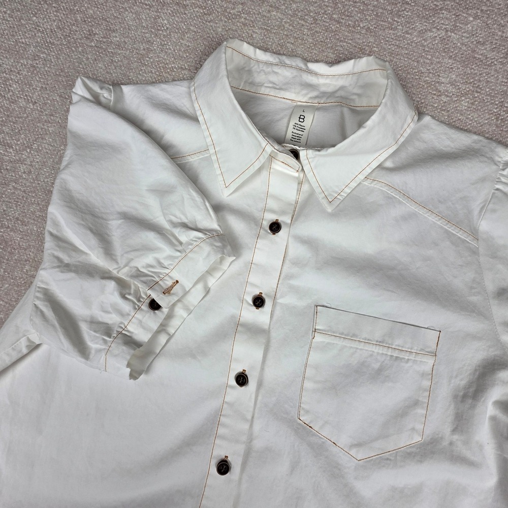 B. Young White Puff Sleeve Western Button Down Shirt Contrast Stitch Large